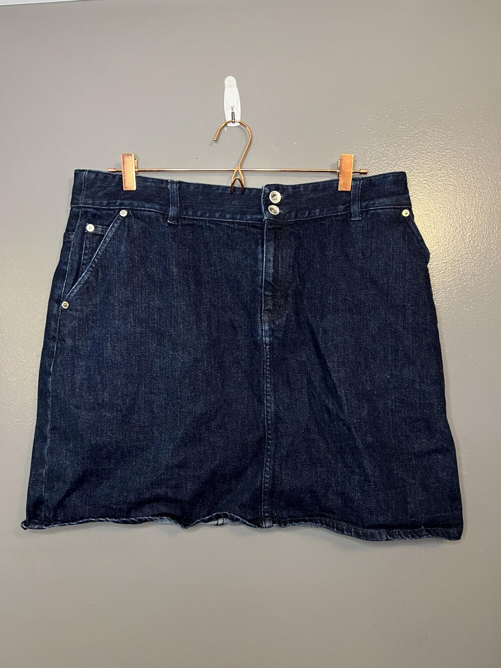 Lauren Ralph Lauren Denim Skirt Womens 14 Dark Wash 5 Pocket Stretch Raw Hem